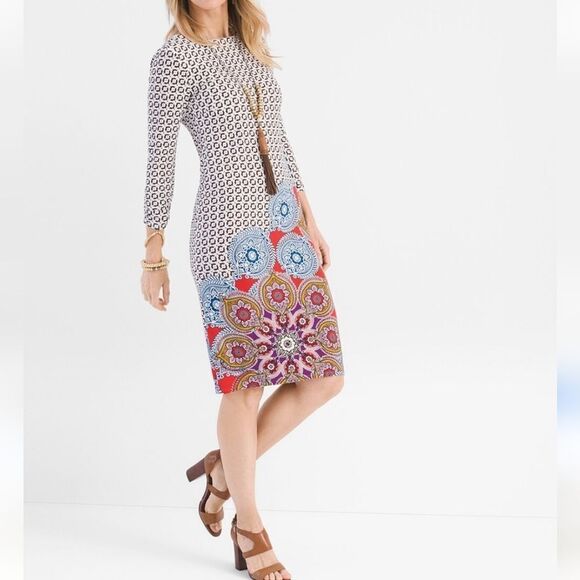 Chico's Printed Ruched Sleeve Dress - Picture 2 of 12